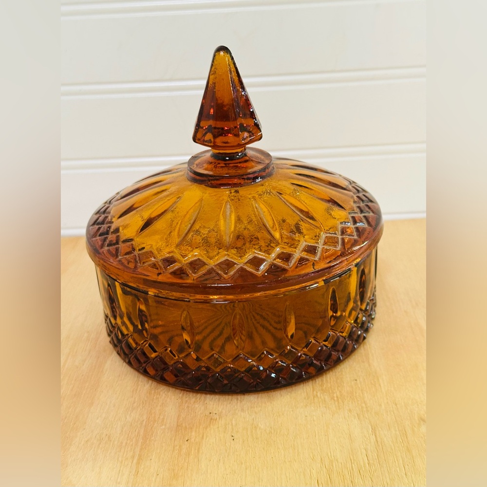 Indiana Glass Amber Pressed Glass Covered Candy Dish